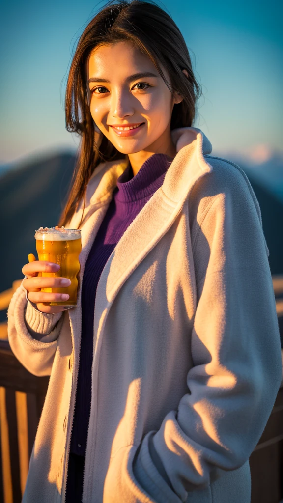 8K,Japanese woman watching the sunset,Super Beauty(Like the real thing),nice,Middle-aged women,Mountain Observation Deck,Portraiture, The perfect angle、Professional quality high resolution、Perfect contrast、Perfect lighting、Perfect composition、Perfect Skin、Perfect Fingers、Perfect breasts、Perfect Hair、Perfect Face、Realistic Facial Features,masterpiece,Photorealistic raw photos,Bright colors,Rich colors,50mm lens,Nikon D850,Highest quality,Slim figure,Perfect body line,Perfect hand shape,Anatomical Body Balance,Highly detailed face,Highly detailed eyes,Beautiful Lips,Excellent light particles,Cinema Lighting,Outdoor Clothing,compensate,Outdoor Clothing,smile,Holding a beer in one hand,