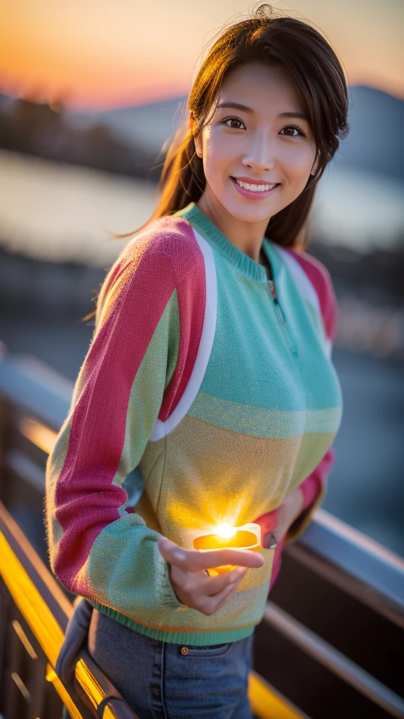8K,Japanese woman watching the sunset,Super Beauty(Like the real thing),nice,Middle-aged women,Mountain Observation Deck,Portraiture, The perfect angle、Professional quality high resolution、Perfect contrast、Perfect lighting、Perfect composition、Perfect Skin、Perfect Fingers、Perfect breasts、Perfect Hair、Perfect Face、Realistic Facial Features,masterpiece,Photorealistic raw photos,Bright colors,Rich colors,50mm lens,Nikon D850,Highest quality,Slim figure,Perfect body line,Perfect hand shape,Anatomical Body Balance,Highly detailed face,Highly detailed eyes,Beautiful Lips,Excellent light particles,Cinema Lighting,Outdoor Clothing,compensate,Outdoor Clothing,smile,Holding a beer in one hand,