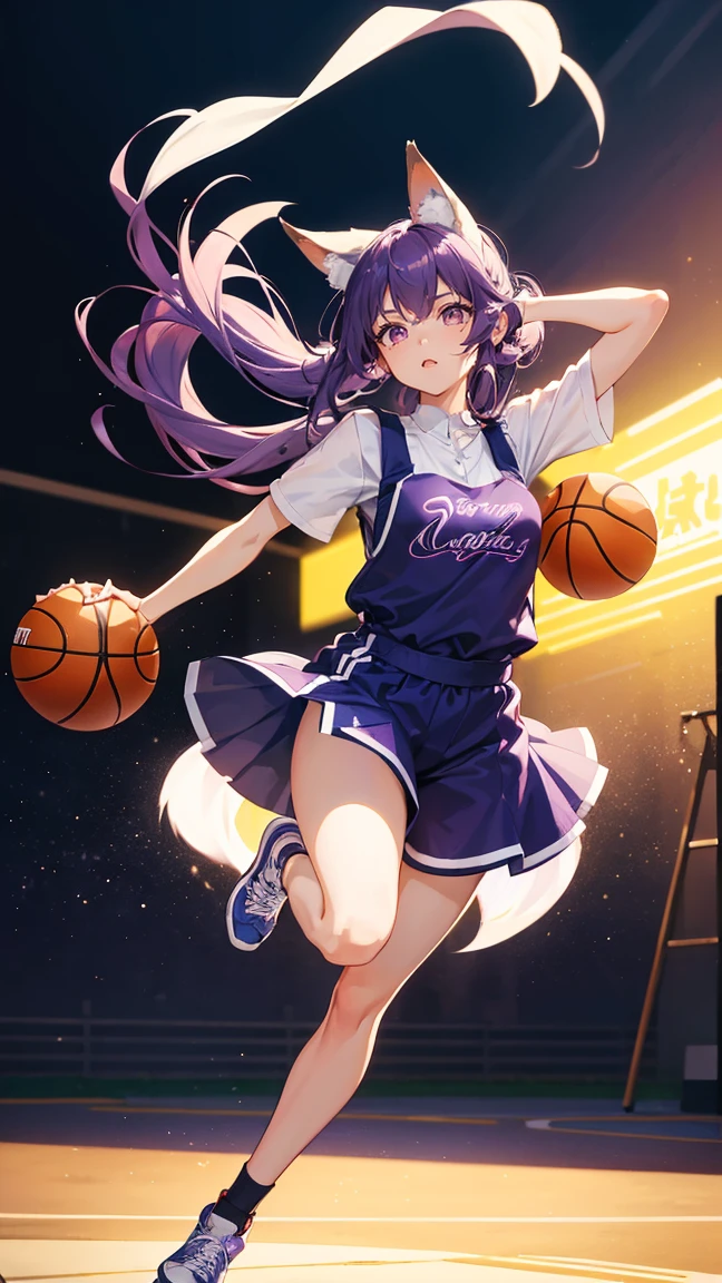(Highest quality), (masterpiece), 1 Girl,Purple Hair,long hair,Fox Ears,Adult women,Play basketball,She is dribbling the ball,running,Outdoor Basketball Court, She is wearing a suspender top, Fair skin, sunny, Full body photo,(Bright Eyes), (Iris),Very detailed,(single), sweet, Open background,Simple Background