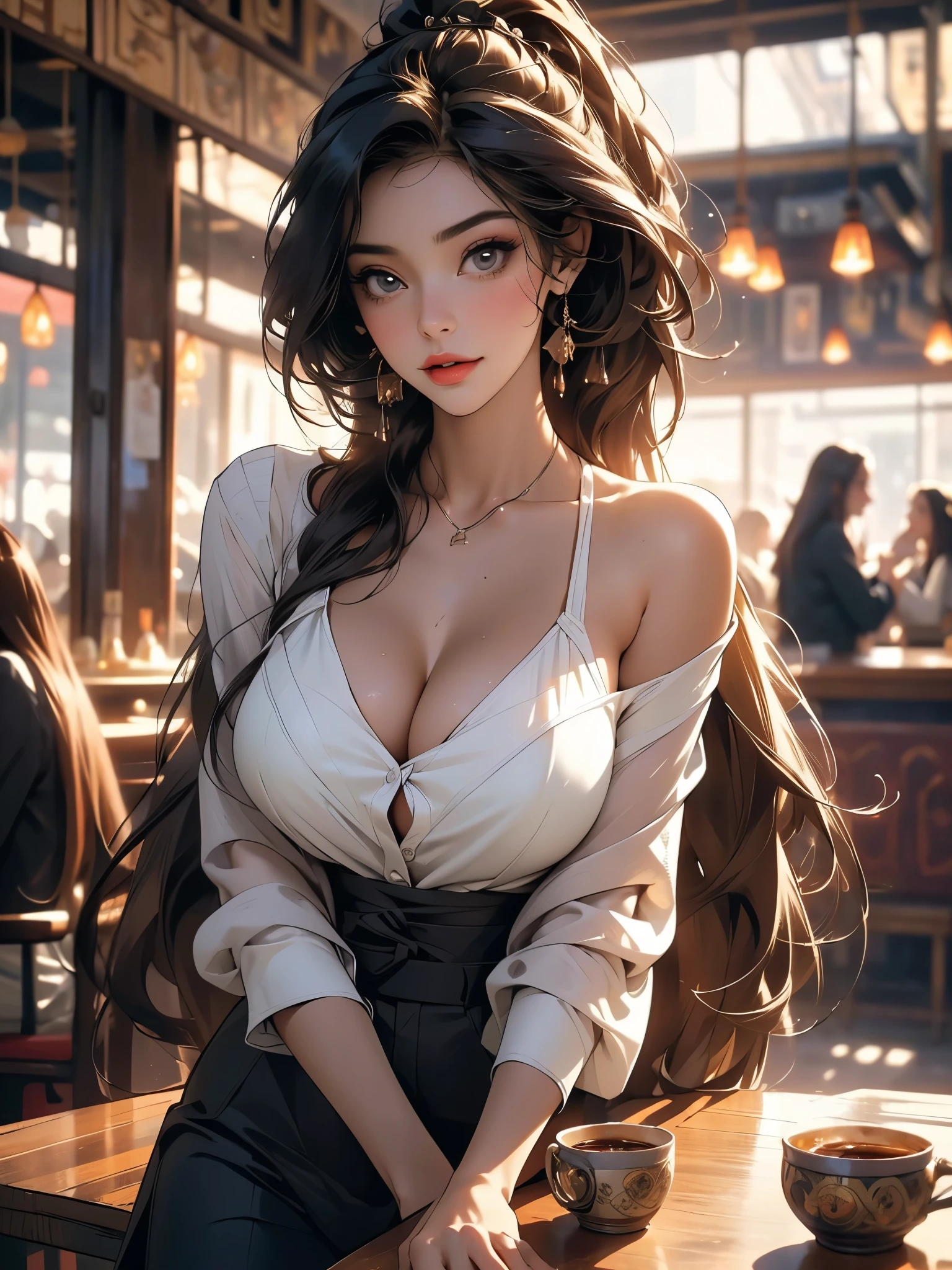(in perspective) a beautiful sexy brunette woman, perfect 23 year old secretary, straight hair and ponytail, white, oily, silky skin (moist) fleshy lips, (photorealisitic:photorealisitic, Masterpiece 8k), big breasts wearing a tight white shirt (emphasis on breasts), sitting at a table in a restaurant holding a cup of coffee (hyperrealisitic: realisitic, environment with intricate details), with a sensual line on her face: (texture and environment professional photography pure perfect lighting).