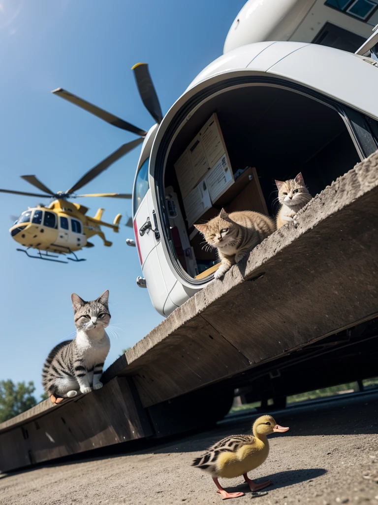 A duckling and a cat near a helicopter