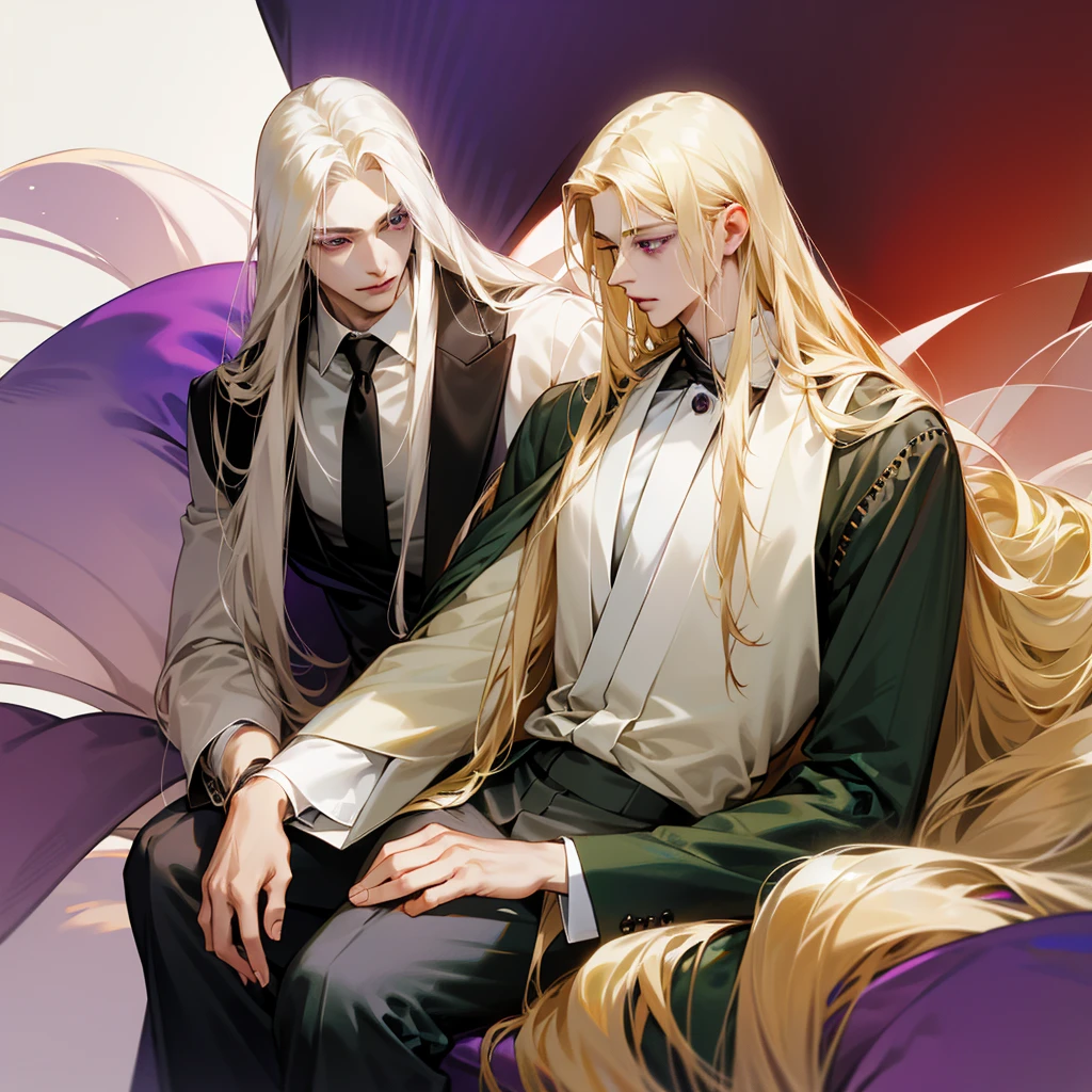 Anime ethnic German boy with long blond hair, long locks hanging in front, pale complexion, green left eye, purple right eye, hairless skin, white shirt, elegant brown suit, black pants, perfect rostri, handsome, attractive, with a gentle and dominant aura.
