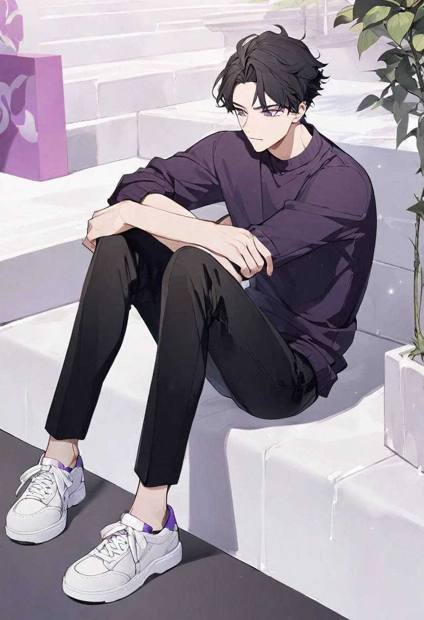 black fur, black sweater, lilac t-shirt, black pants ,White shoes ,man 