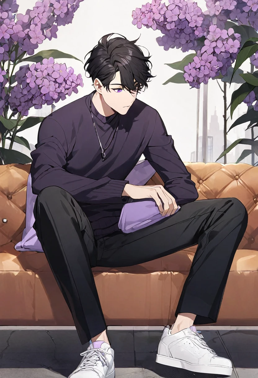 black fur, black sweater, lilac t-shirt, black pants ,White shoes ,man
