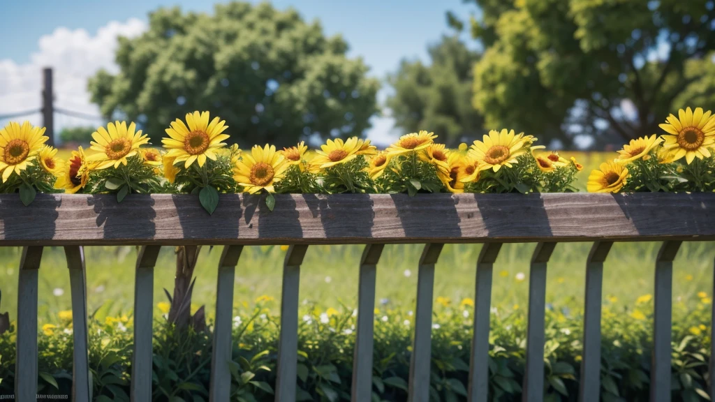 birds on the fence, and in the background sunny day, to the background and flowers, blurred in the background, perfection in details, qualidade maxima, 8K