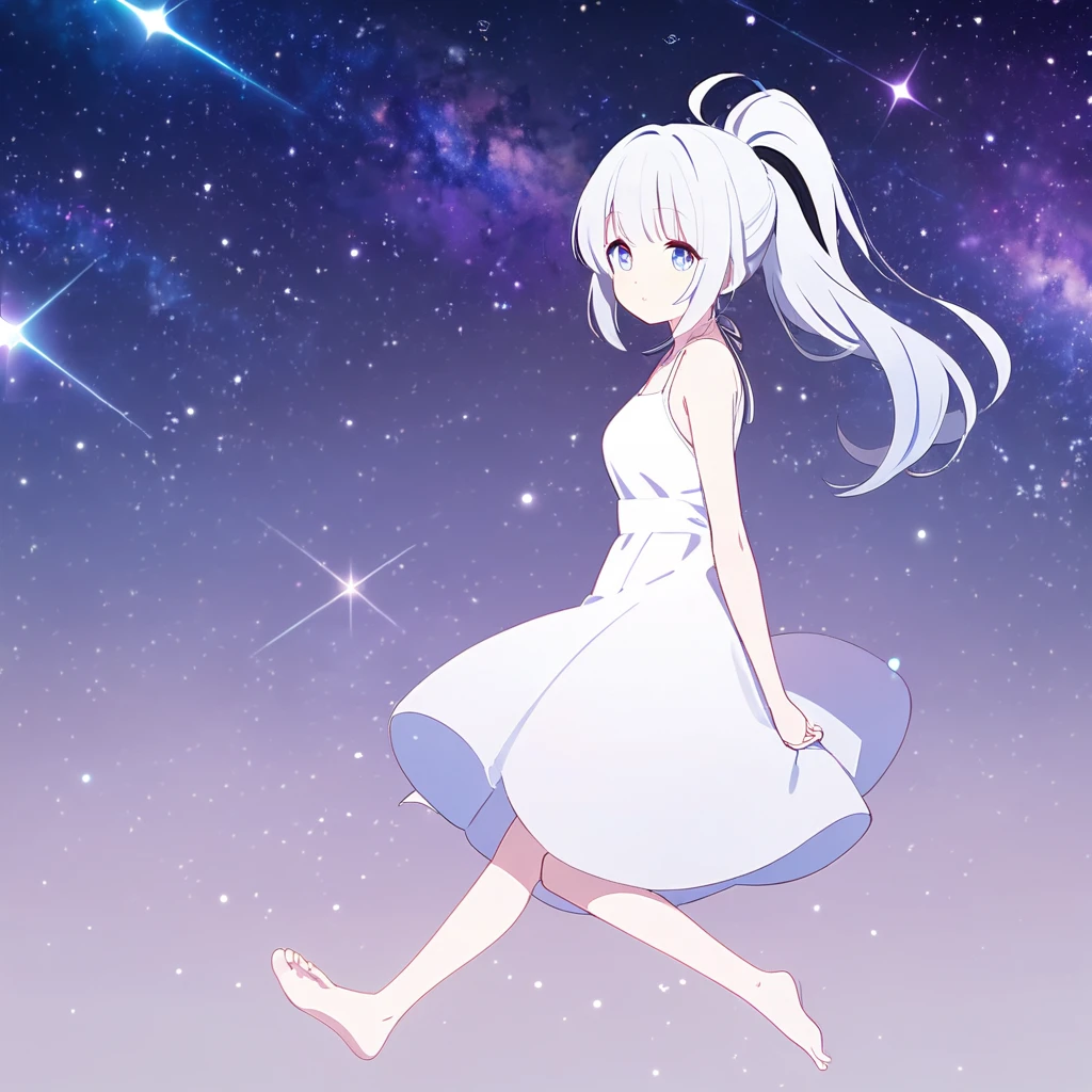 Girl with a ponytail, Gradient purple to sky blue eyes, Wearing a white dress, , Galaxy Background, , No footwear、whole body、White Hair