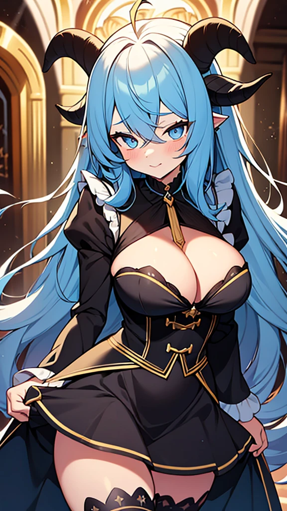 1goat woman,golden horns, goat ears, goat tail, long curly blue hair, black bow on the head, perfect eyes, make-up, blue eyes, red lipstick, naughty face, black necklace, victorian clothing, blue blouse, black tie, fluffy black skirt, long black stockings, blue boots, blue spear with black details, big breasts, big ass, temple background