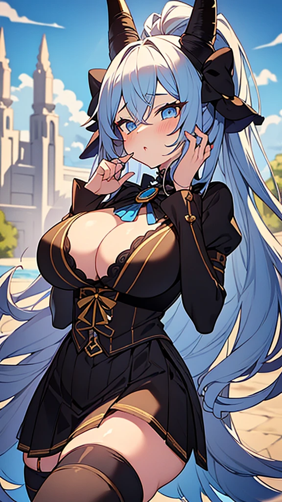 1goat woman,golden horns, goat ears, goat tail, long curly blue hair, black bow on the head, perfect eyes, make-up, blue eyes, red lipstick, naughty face, black necklace, victorian clothing, blue blouse, black tie, fluffy black skirt, long black stockings, blue boots, blue spear with black details, big breasts, big ass, temple background