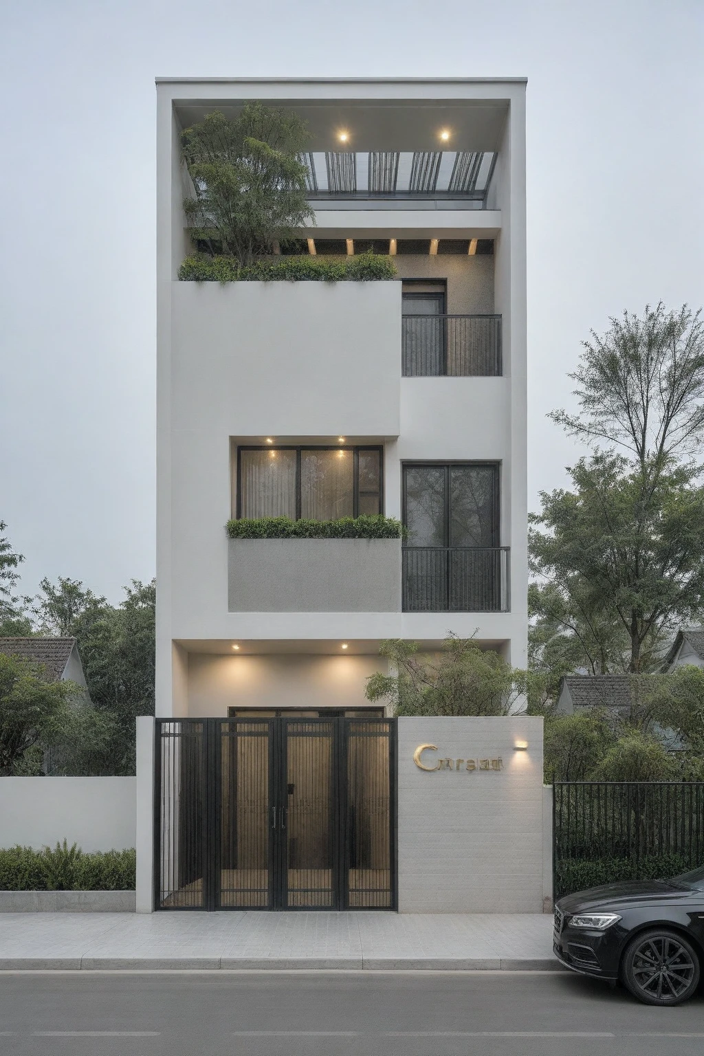 RAW photo, a photo of a modern house, (curvilinear chrchitecture:1.4), Wabisabi style rounded wall, white wall, steel dark gate, sidewalk, sidewalk trees, ((grey gate:1.2)), road, viet nam modern residence, ((architectural shot)), rough white wall, new residential area, wide angle exterior 2022, contemporary house, exterior photography, masterpiece, contemporary architecture, overcast, indirect lighting