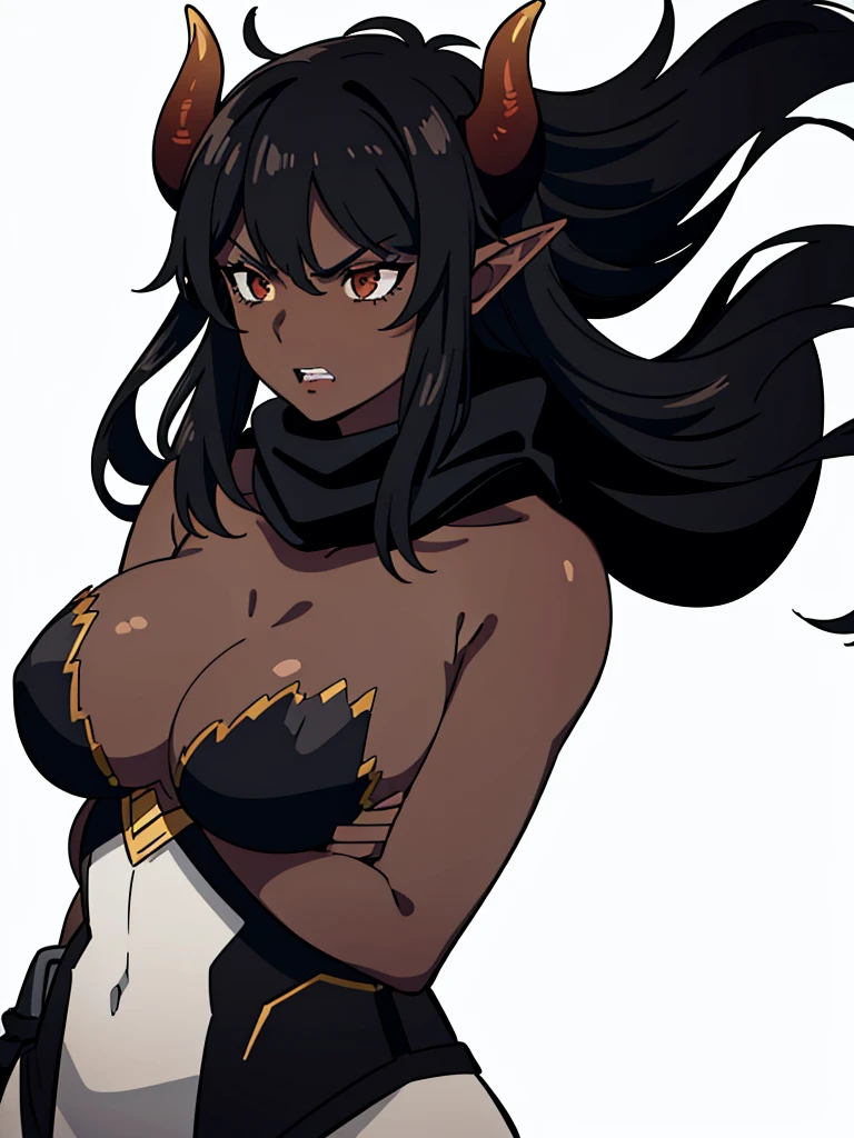 (1girl ,25s,adult,mature female),long hair, black hair,horns,elf ears,((black scarf)),cleavage,(((dark skin))),(white background, line drawing),angry,portrait