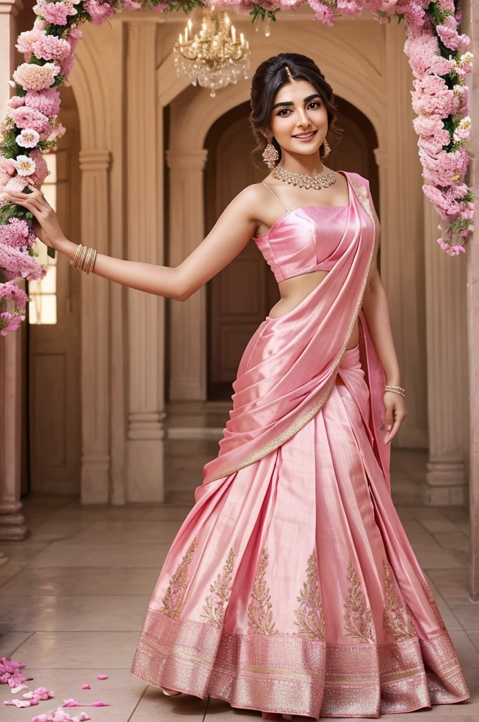 a woman in a pink sari smiles while holding her hands out, fanart, doing an elegant pose, dressed in a pink dress, pretty face!!, maya ali, candid picture, wearing a pink ballroom gown, with an elegant smile, wearing pink floral gown, with a cool pose, * colour splash *, side pose, cute woman, satin, traditional beauty