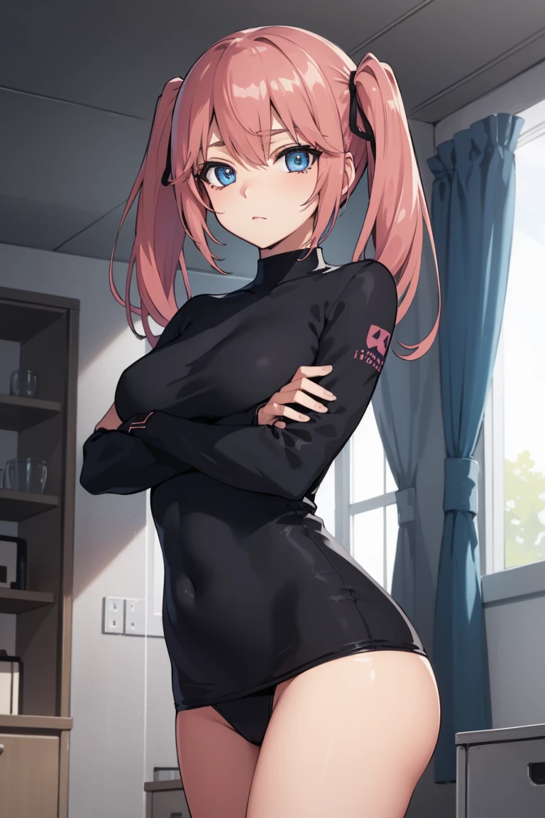 Airisakura, airi Sakura, blue colored eyes, cups, long hair, pink  hair, (twintails baixos:1.5),
break cups, へそ, へそ cutout, tight clothing,
break looking at viewer, whole body, (cowboy shot:1.5),crossed arms,Jumpy, ass pov, 
break indoors, class room,
break (work of art:1.2), best qualityer, high resolution, unity wallpaper 8k, (illustration:0.8), (beautiful detailed eyes:1.6), extreme detailed face, perfect lighting, extremely detailed CG, (perfect hands, Perfect Anatomia),