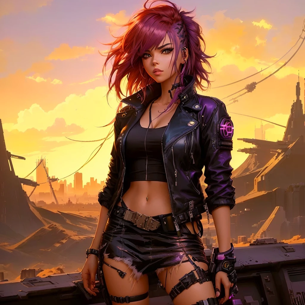 anime girl with purple hair and leather jacket standing in front of a desert, alena aenami and artgerm, female cyberpunk anime girl, cyberpunk anime girl, stylized urban fantasy artwork, redhead female cyberpunk, cyberpunk beautiful girl, seductive cyberpunk dark fantasy, digital cyberpunk anime art, cyberpunk girl, anime cyberpunk art, stunning character art