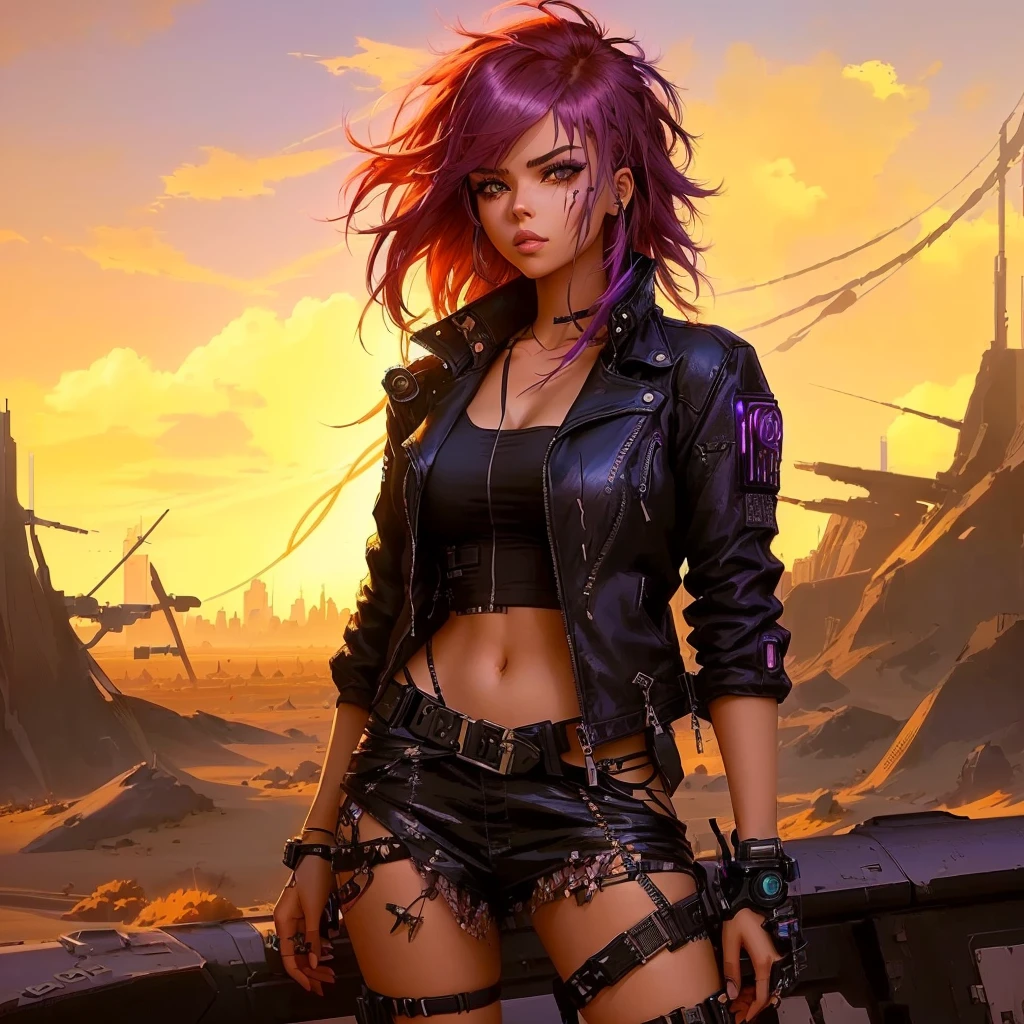 anime girl with purple hair and leather jacket standing in front of a desert, alena aenami and artgerm, female cyberpunk anime girl, cyberpunk anime girl, stylized urban fantasy artwork, redhead female cyberpunk, cyberpunk beautiful girl, seductive cyberpunk dark fantasy, digital cyberpunk anime art, cyberpunk girl, anime cyberpunk art, stunning character art