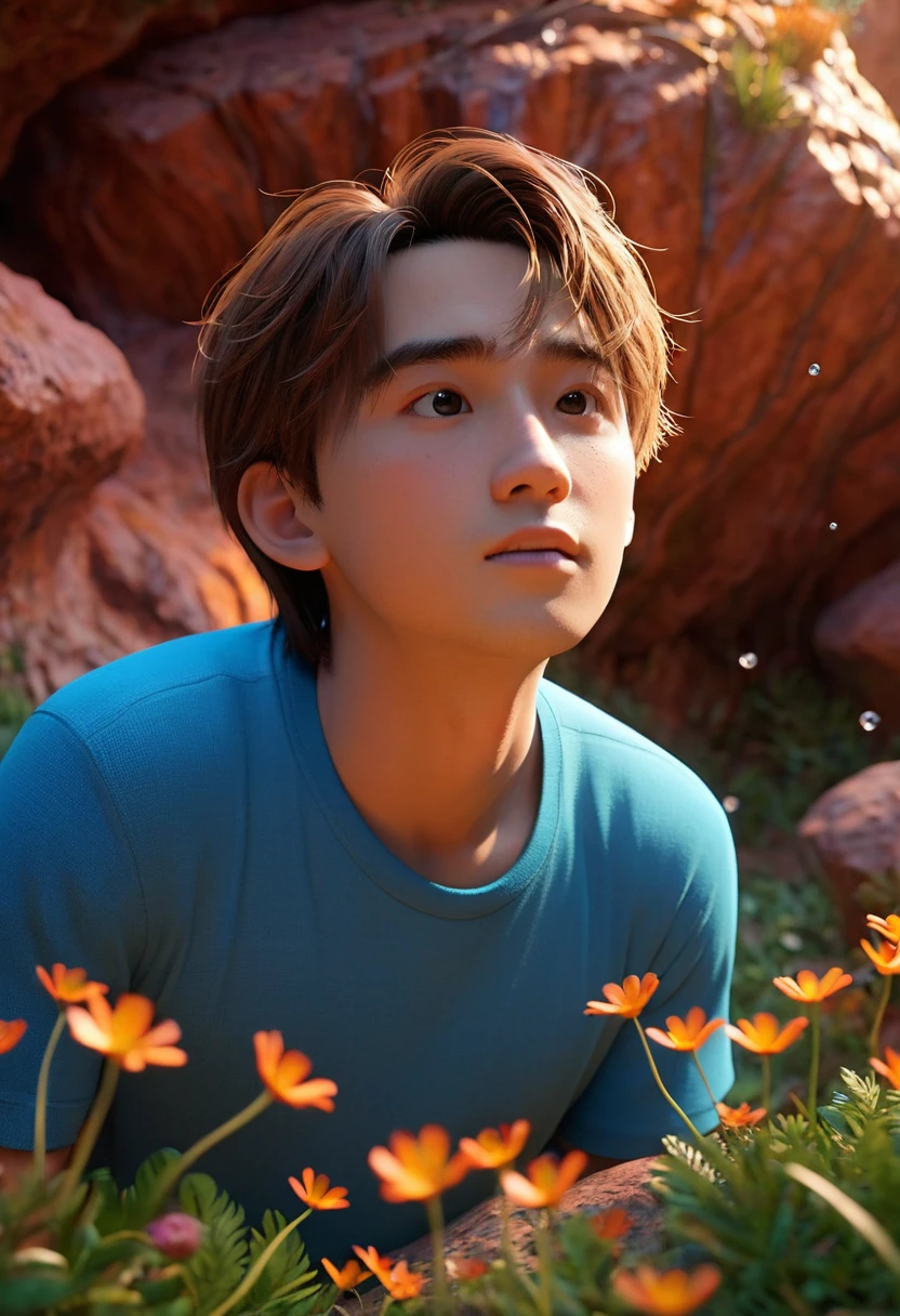 masterpiece, best quality, 4K,( Pixar style :1.4), 1 boy,(Lovely,Handsome,Wearing outdoor sportswear :0.7), 3d,whole body,Red Cliff,(Close-up of face :1.2), (In a cave, night, Glowing plants all around, Flowers, Fireflies flying, bonfire), (Extremely detailed, Aesthetic, beautiful composition, Rich and bright colors, Volumetric soft light). Inspired by Alice in Wonderland, magic, fairy tales. Unreal Engine, Octane Rendering, Lovelyness render, 3d 渲染, Adobe Photoshop, Awesome, beautiful, Lovely ,