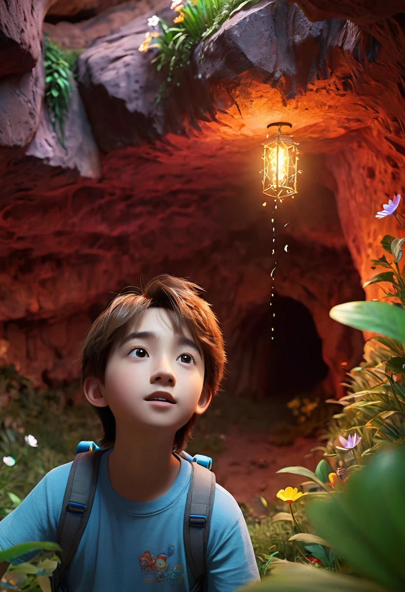 masterpiece, best quality, 4K,( Pixar style :1.4), 1 boy,(Lovely,Handsome,Wearing outdoor sportswear :0.7), 3d,whole body,Red Cliff,(Close-up of face :1.2), (In a cave, night, Glowing plants all around, Flowers, Fireflies flying, bonfire), (Extremely detailed, Aesthetic, beautiful composition, Rich and bright colors, Volumetric soft light). Inspired by Alice in Wonderland, magic, fairy tales. Unreal Engine, Octane Rendering, Lovelyness render, 3d 渲染, Adobe Photoshop, Awesome, beautiful, Lovely ,