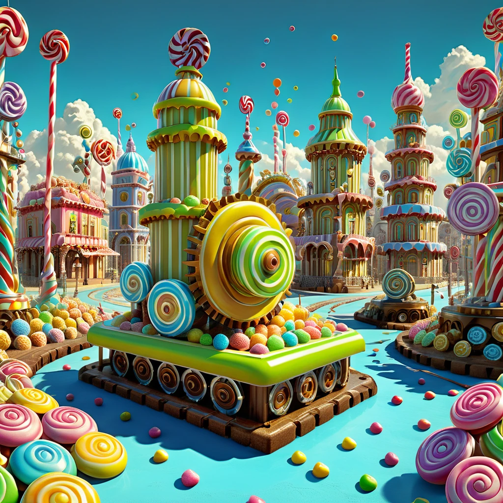 Imagine a metaphysical Candy City by Giorgio de Chirico, With a long shadow、A surreal combination of gears and candy structures. 8K resolution, Realistic.