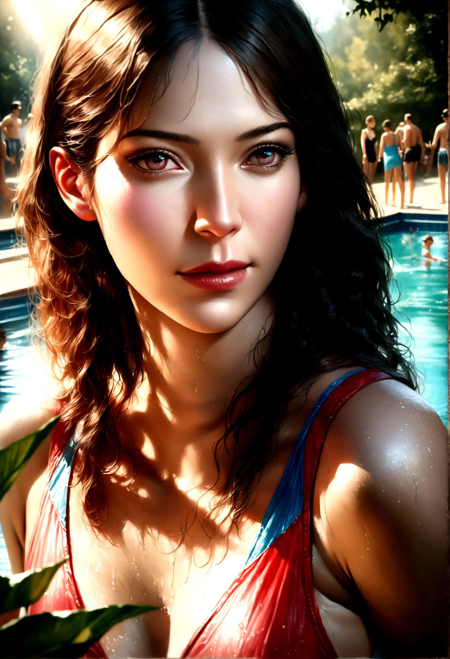 a group of boys and girls at a poolside party, long eyelashes, colorful swimsuits, splashing water, vibrant colors, warm sunlight, reflections in water, lush greenery, (best quality,4k,8k,highres,masterpiece:1.2),ultra-detailed,(realistic,photorealistic,photo-realistic:1.37),portraits,vivid colors,HDR,studio lighting