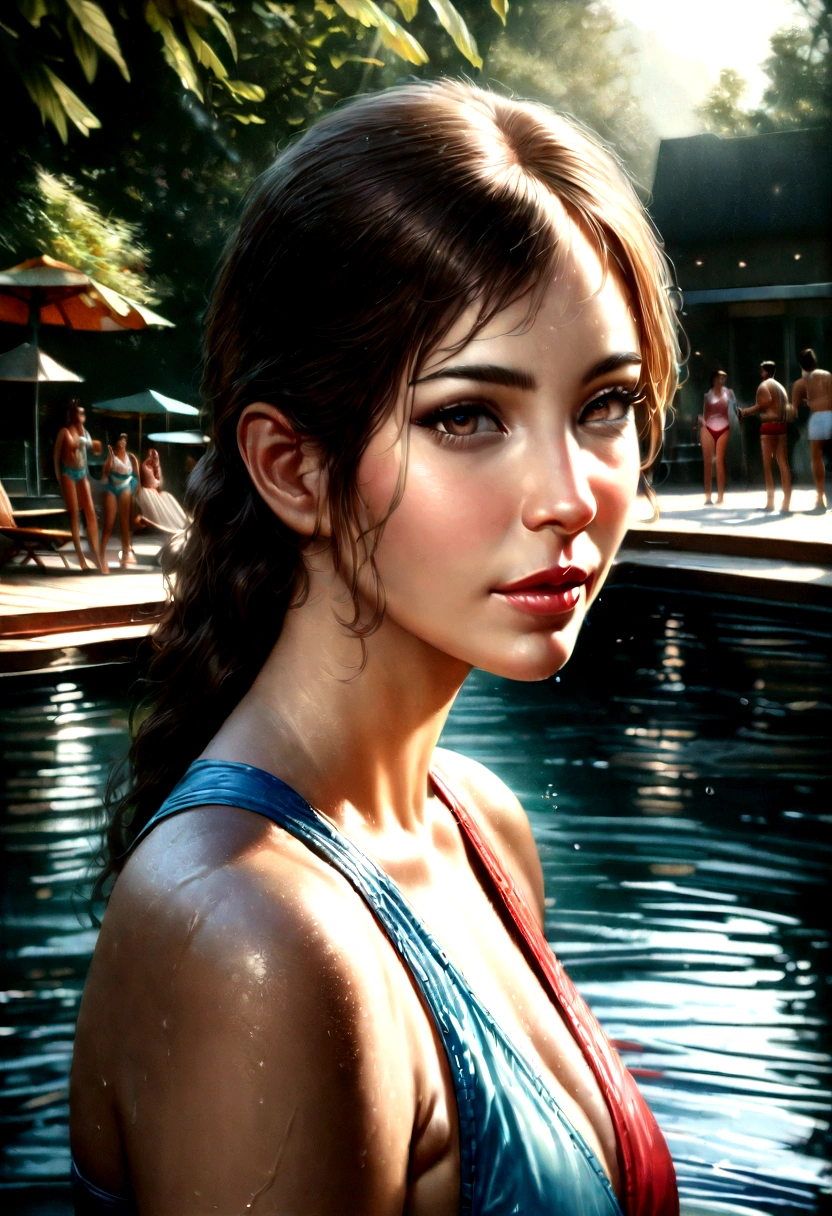 a group of boys and girls at a poolside party, long eyelashes, colorful swimsuits, splashing water, vibrant colors, warm sunlight, reflections in water, lush greenery, (best quality,4k,8k,highres,masterpiece:1.2),ultra-detailed,(realistic,photorealistic,photo-realistic:1.37),portraits,vivid colors,HDR,studio lighting