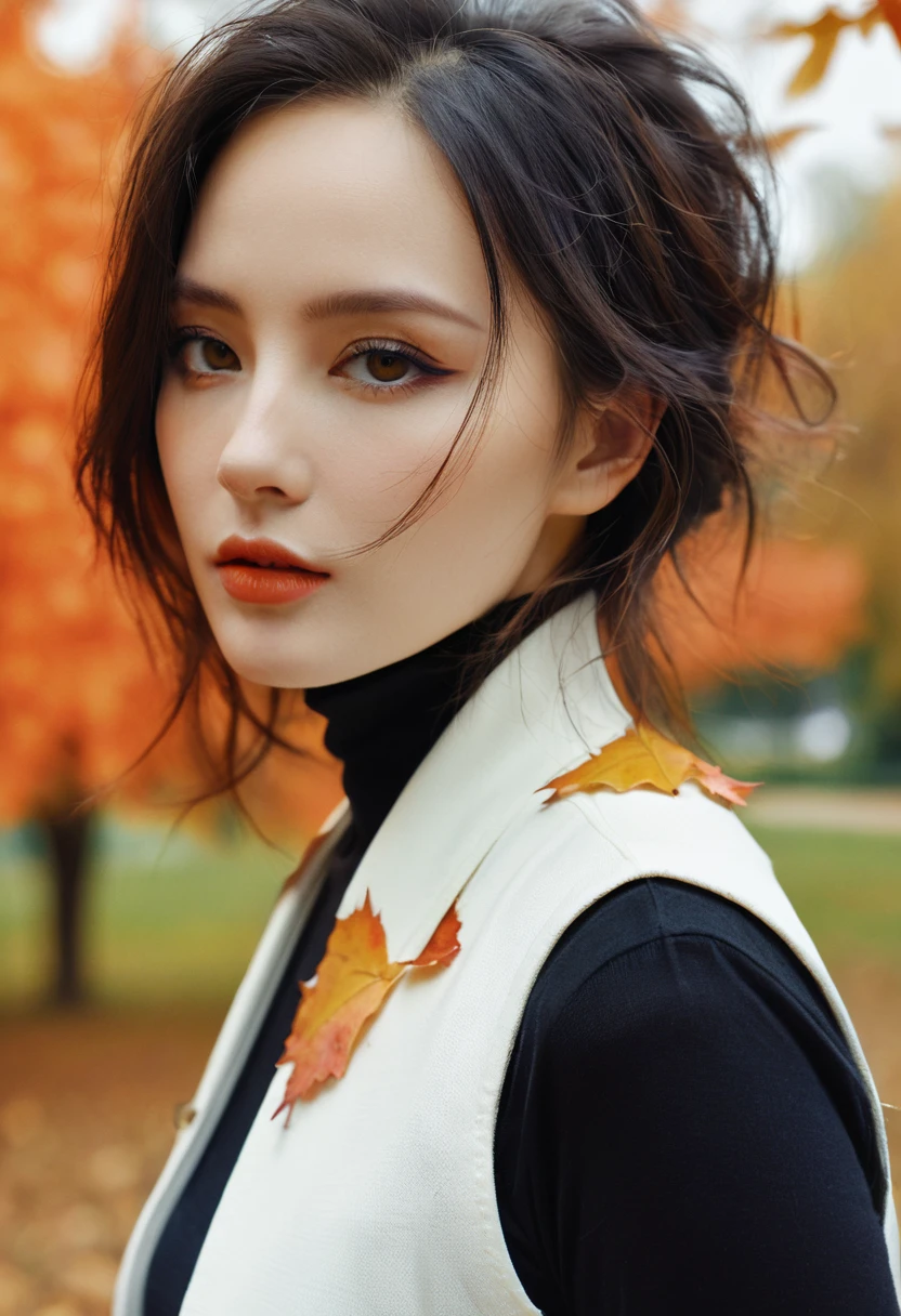 close up, samdoesarts style beautiful woman, In the park with orange leaves , author：Jeremy Mann, By Sandra Chevrier, author：dave mckean、richard avedon 和 maciej cuciara, White vest and jeans, High Detail, 8K