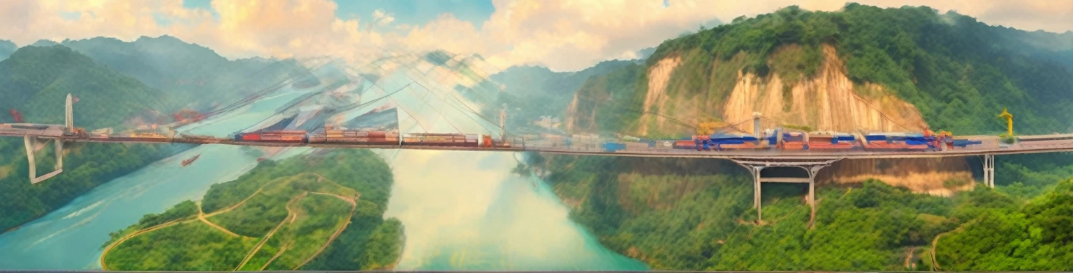 double exposure, (paint texture:1.2), (Masterpiece:1.2), Best Quality, (hyperdetailed, more detailed:1.2), high resolution textures, beautiful landscape, Very detailed, very clear, (Panama Canal)