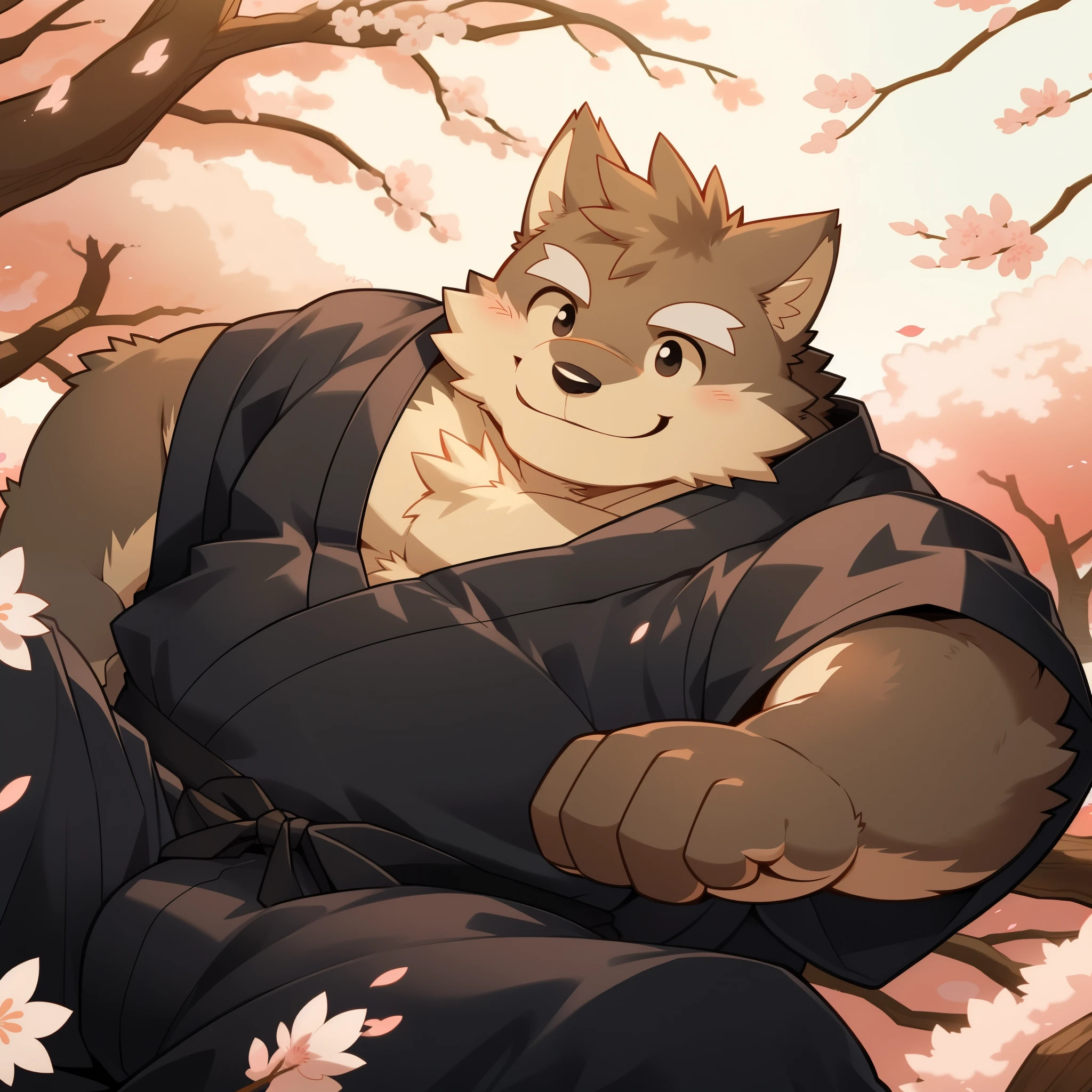 Scribble 黑色柴dog face,Cute face,Humanity(dog),(Black Kimono:1.3),Chubby,(White eyebrows:1.1),(Perfect black eyes),（artist:Takemoto Arashi）,(Bulging buttocks)，Cherry blossoms，Lying position，Smile，Wolf Tail。