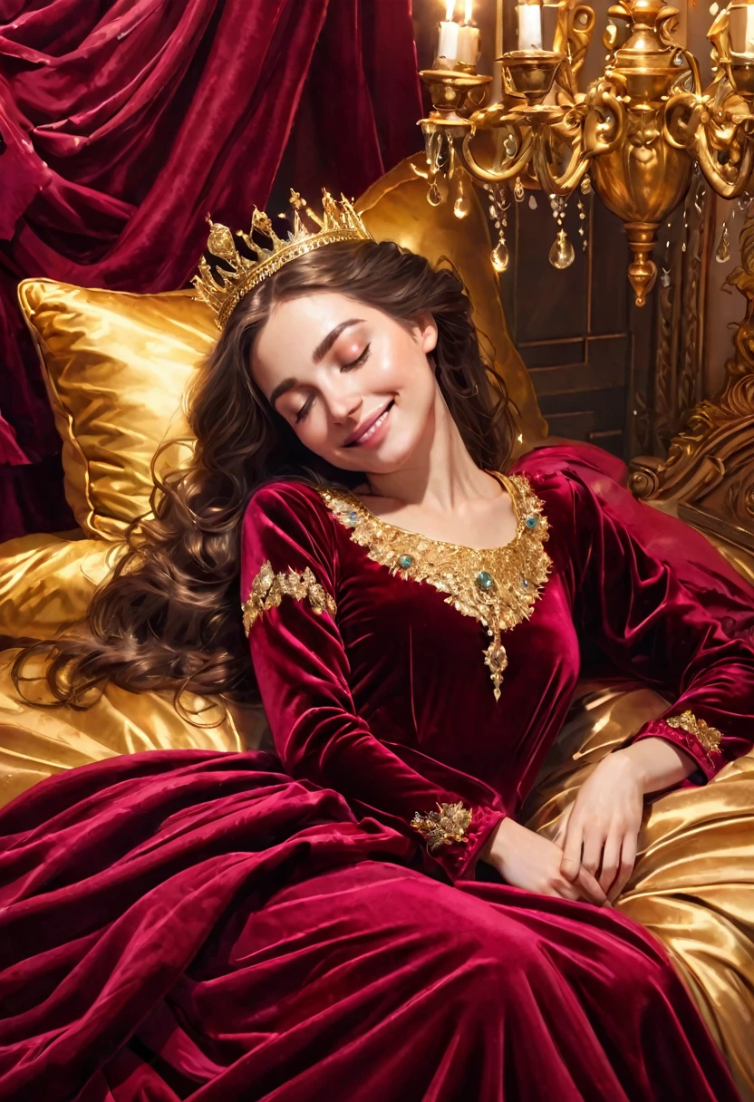 close-up, A beautiful woman sleeping on a gold bed, an aristocratic burgundy velvet dress, a crown, a smile, a soft canopy, a shower of gold light, coins falling, a gorgeous room in a palace, roses