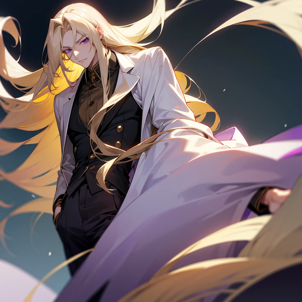 Anime ethnic German boy with long blond hair, long locks hanging in front, pale complexion, green left eye, purple right eye, hairless skin, white shirt, elegant brown suit, black pants, perfect rostri, handsome, attractive, with a gentle and dominant aura.