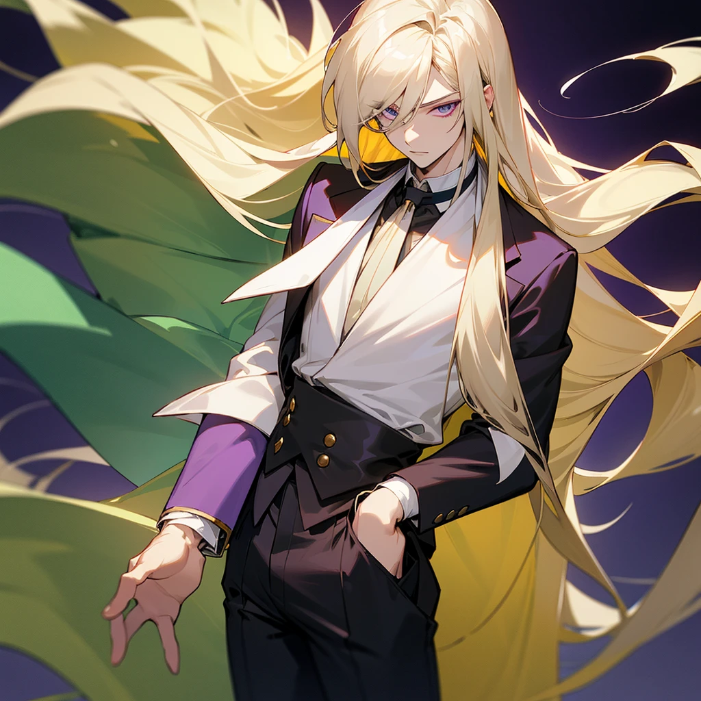 Anime ethnic German boy with long blond hair, long locks hanging in front, pale complexion, green left eye, purple right eye, hairless skin, white shirt, elegant brown suit, black pants, perfect rostri, handsome, attractive, with a gentle and dominant aura.