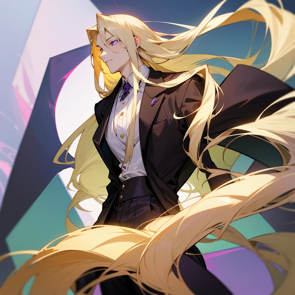Anime ethnic German boy with long blond hair, long locks hanging in front, pale complexion, green left eye, purple right eye, hairless skin, white shirt, elegant brown suit, black pants, perfect rostri, handsome, attractive, with a gentle and dominant aura.
