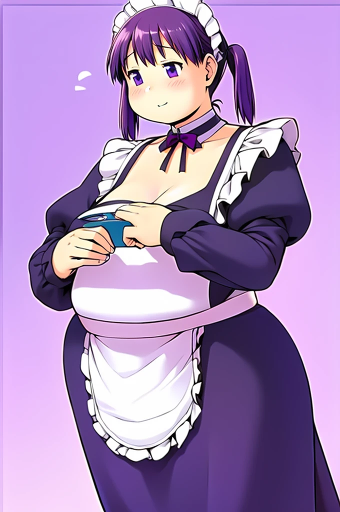 masterpiece, best quality, 1girl, maid, purple twintails, maid outfit, art by katou hayabusa