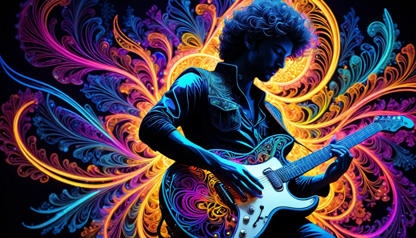 Black Light Art，(masterpiece, Highest quality, The best quality at its best, Official Art, Beautiful and beautiful:1.2), (One guitarist:1.3), Very detailed,(Fractal Art:1.2),colorful,Most detailed,( Zentangle neon light:1.2), (Dynamic Pose), (Abstract background neon lights:1.5),  (Many colors:1.4), neon,16K,Full HD