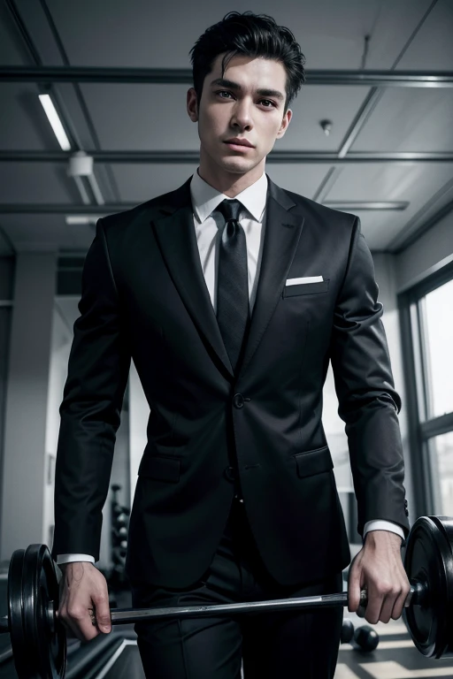 Black and white drawing of man in suit working out in gym