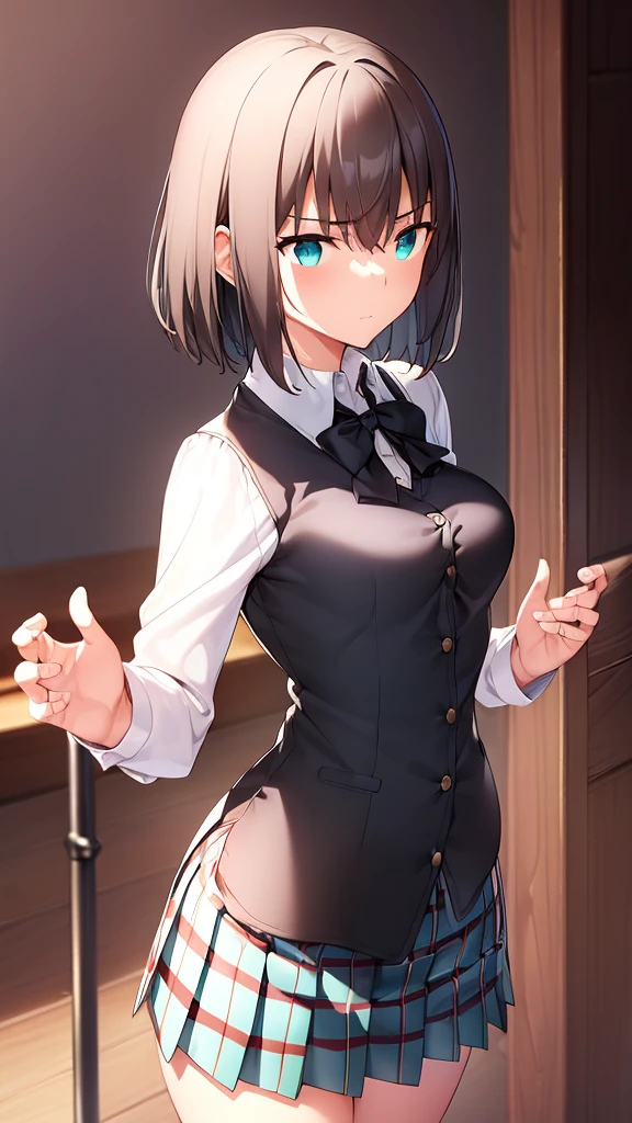 {{beautiful}}, amazing, (best quality:1.5), (masterpiece:1.5), extremely delicate and beautiful, intricate details, finely detailed, extremely detailed, beautifully detailed, ultra-detailed, (hyperdetailed:1.5), high resolution, (illustration), watercolor pencil, Clear line drawing, (ufotable style:1.1), (ufotable screen cap:1.1), anime coloring, anime screencap, (latest picture), backlighting, dynamic angle, glow, depth of field, {{body satisfaction}}, (body with a good balance of style:1.5), (slender figure:1.5), perfect body, perfect hands, perfect feet, (two arms:1.2), (two legs:1.2), (five fingers each:1.2), (perfect joint:1.2), perfect joint movement, beautiful detailed eyes, (detailed eyes:1.5), finely detailed eyes, perfect anatomy, full dissection, perfect composition, correct limbs, balance and coordination in all things, realistic:0.5, precise fingers and hands, (finely drawn hair:1.5), {{shy girl}}, (black hair:1.3), (short hair:1.3), (straight hair:1.3), bangs, (cyan eyes:1.3), (medium breasts:1.3), (small-sized buttocks:1.3), {{school uniform}}, (white collared shirt:1.5), white shirt, breast tent, (checkered pleated skirt:1.5), checked skirt, pleated skirt, (unbutton one's first button:1.5),Tuck up your skirt、High-quality panties available、