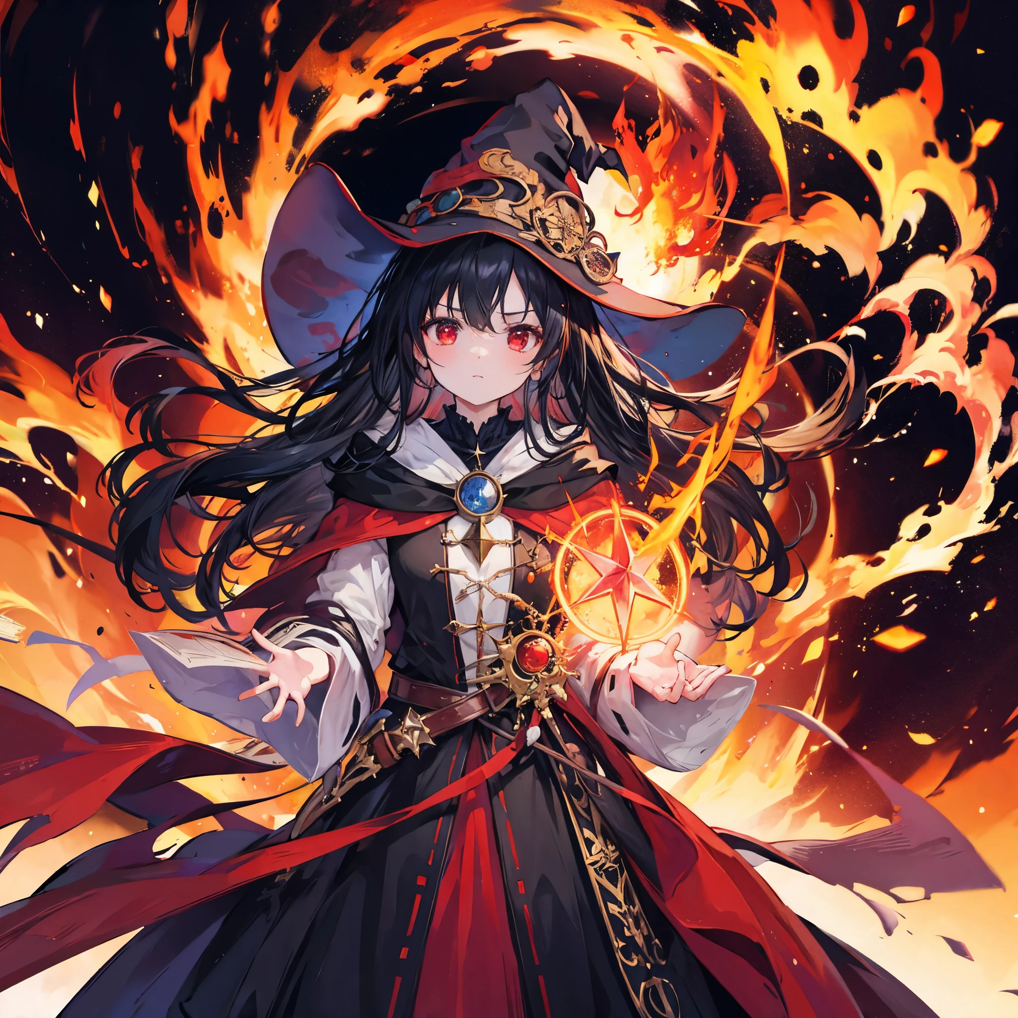 ((((witch))))　(((wand of flame　grimoire　Stand on a magic circle)))　((Black Hair　witchの帽子　Red eyes　Looking down))　((explosion　fire　beam))　(Magic Robe　Black Hole)　incantation　Runes　Shining Background　Shining Edge