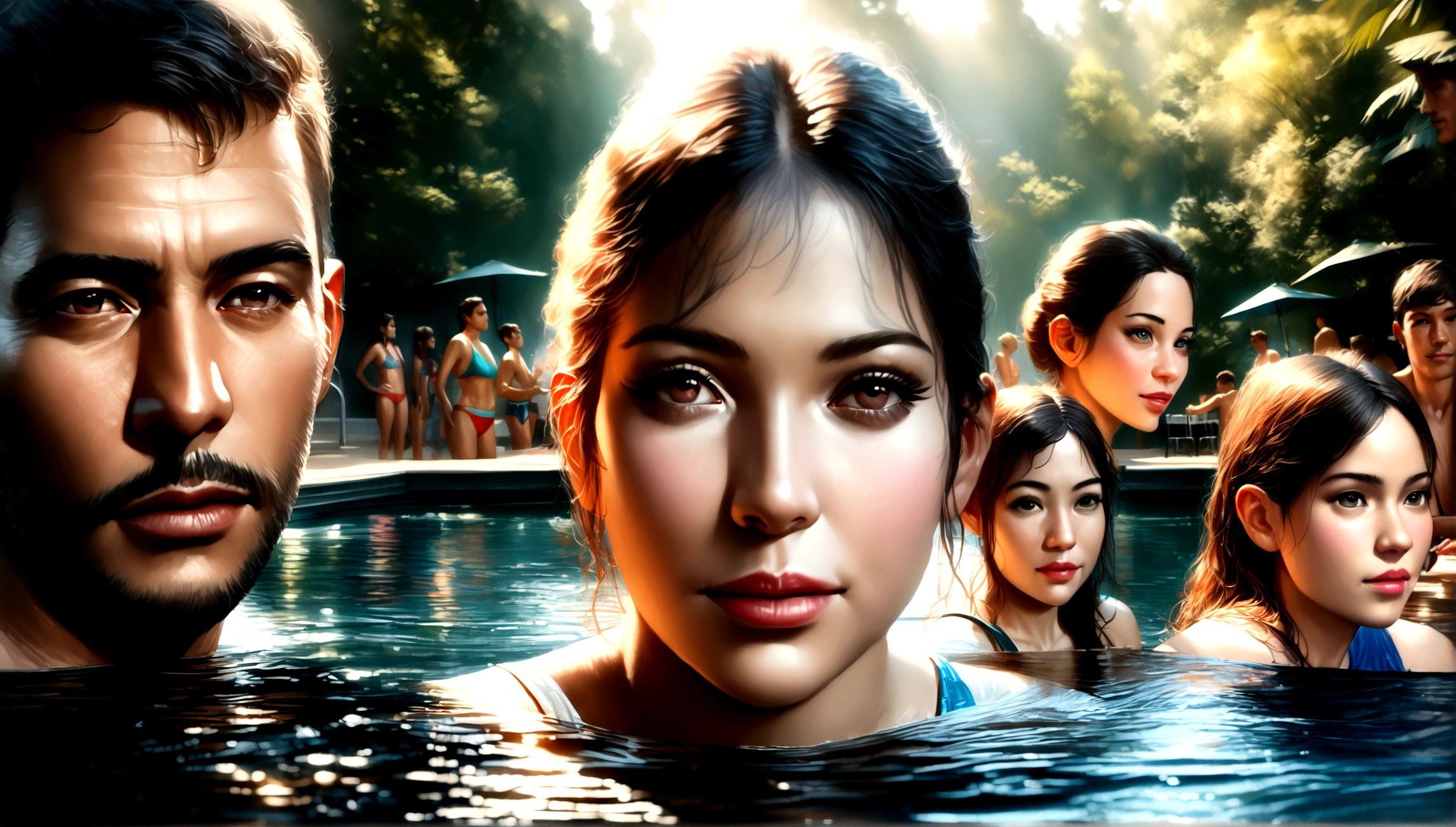 a group of boys and girls at a poolside party, long eyelashes, colorful swimsuits, splashing water, vibrant colors, warm sunlight, reflections in water, lush greenery, (best quality,4k,8k,highres,masterpiece:1.2),ultra-detailed,(realistic,photorealistic,photo-realistic:1.37),portraits,vivid colors,HDR,studio lighting