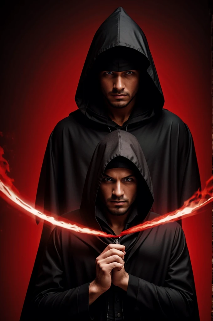 A hooded magician with only his eyes visible with a defiant look in red and black 