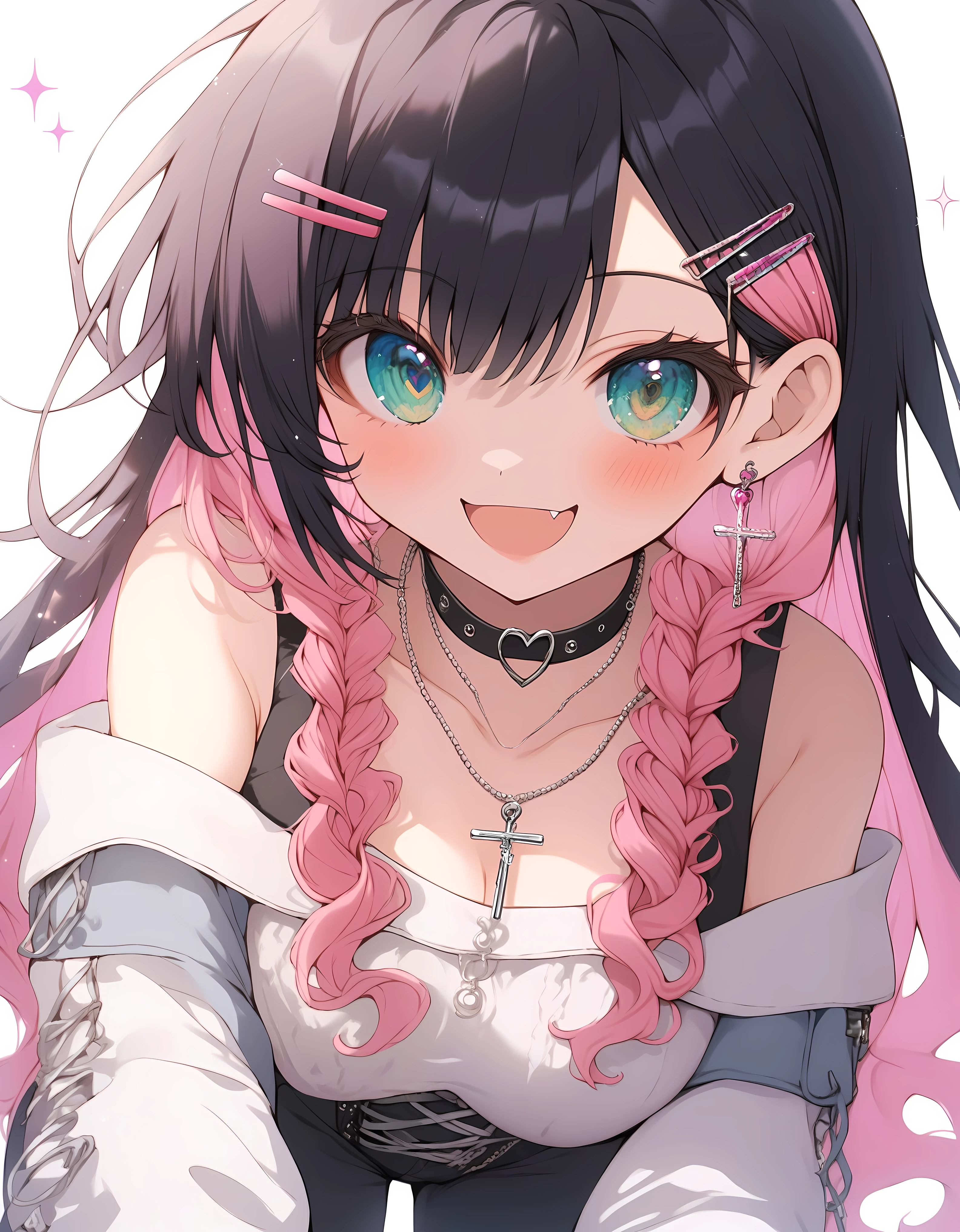 score_9, score_8_superior, score_7_superior, score_6_superior,an an anime style picture of a girl with colorful hair holding two hearts, 1girl, solo, looking at viewer, blush, multicolored hair, green eyes, large breasts, (black hair), (Pink hair), long hair,((Smiling)) fang, kawaii, kawaii girl, bottom view, from the bottom, perspective, low-angle, theres a girl in public street of shibuya, hairclips, accessories, hair ornaments, you can see the city buildings on the background and the shopping mall "shibuya109", she is happy and decorated with glitter, sparkles and beads, (bedazzled accessories) black heart-shaped sunglasses on her head, heart, choker, colorful, off shoulder, bare shoulders, collarbone, long sleeves, Corset top, black choker , Black low cut pants, (((Long cross necklace))), (((Long Rosary)))
