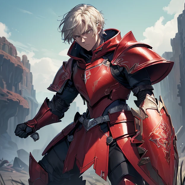 (master piece, best high quality image, very good detailed image, very good detailed character, very good detailed background, very detailed textures, carefully detailed and textures, character alone, full body)
{{((1:character: 30 years old blonde man knight, (fair skin, full black eyes with blue iris, short blonde hair, serious face, combat pose, honorable demeanor), (crimson armor, red-blue hoody jacket under the armor, crimson shoulder armor plates, crimson armor plate, crimson armored boots, crimson armored plate arms, silver long sword), (green sky, fungi planet))}}