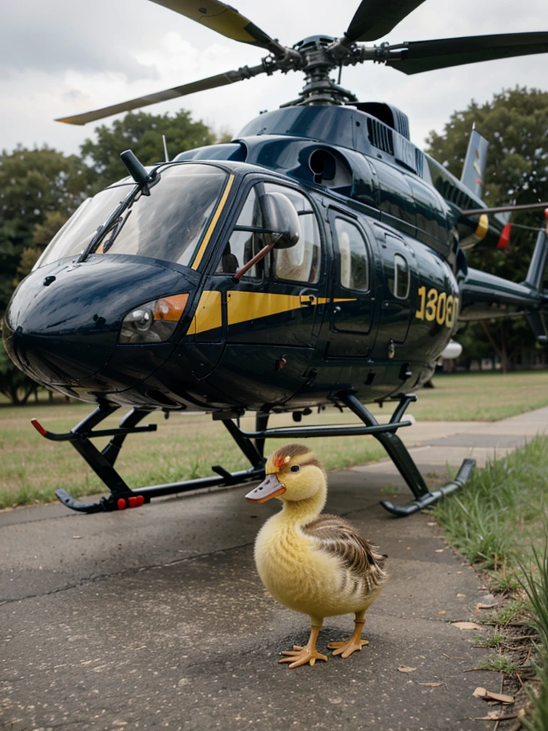 A duckling next to a helicopter 