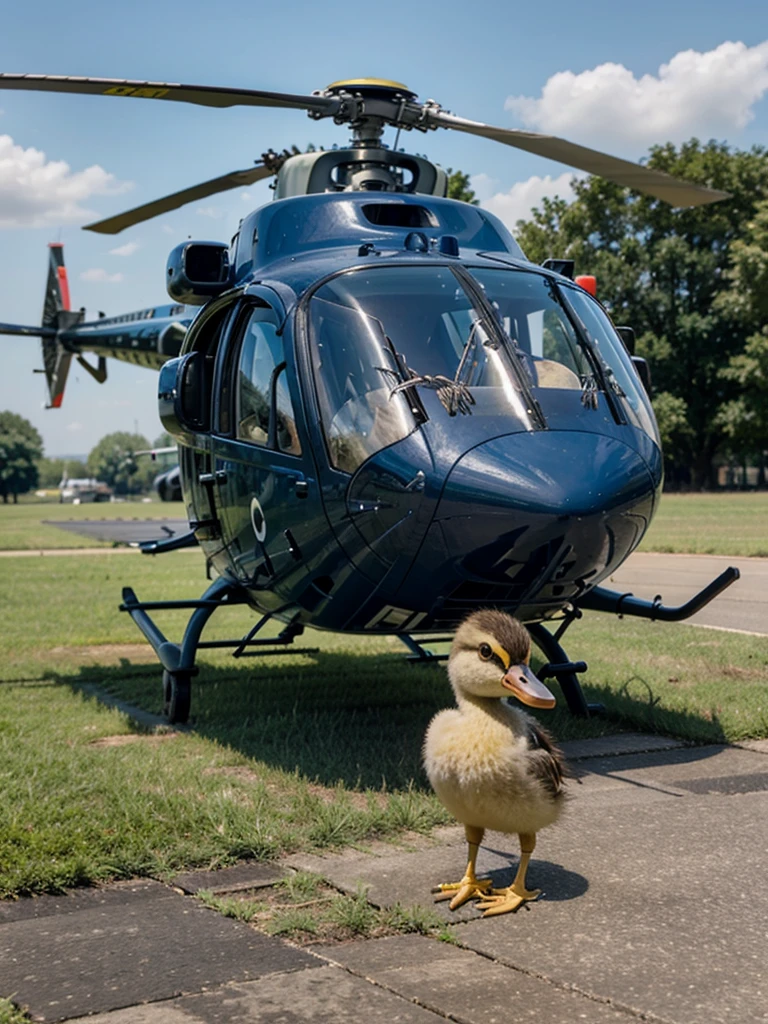 A duckling next to a helicopter