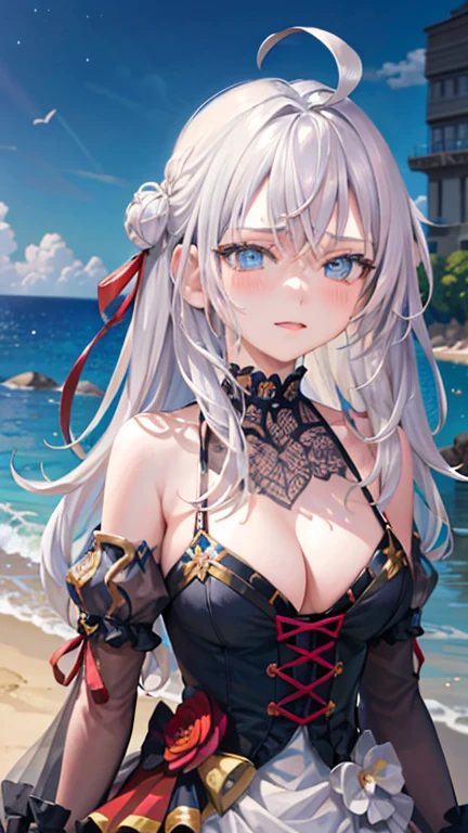 tmasterpiece,High quality CG illustration,cinematic lighting effects,Ultra detailed facial details,detailed eyes,The best quality at the best,Masterpiece level job,Alyssa Kuru,1 girl,Butterfly bikini,long white hair,eBlue eyes,individual approach,despises a spectator,Splash next to or in the sea。