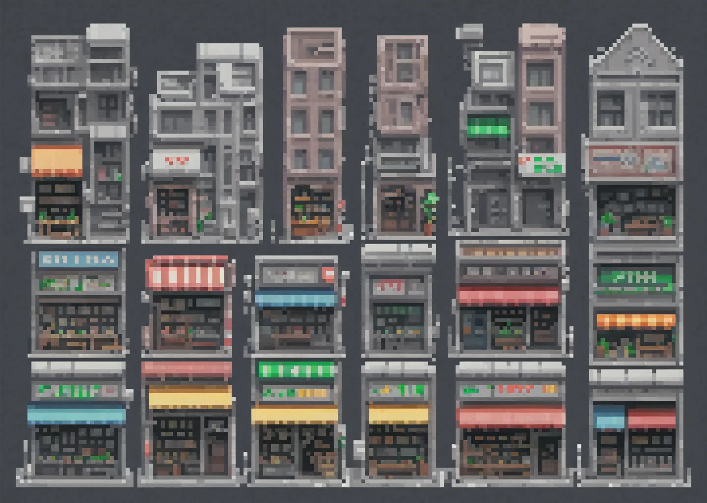 pixel art, 258 bits, realistic city and building sprite sheet