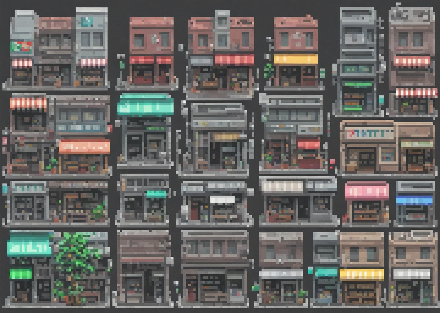 pixel art, 258 bits, realistic city and building sprite sheet