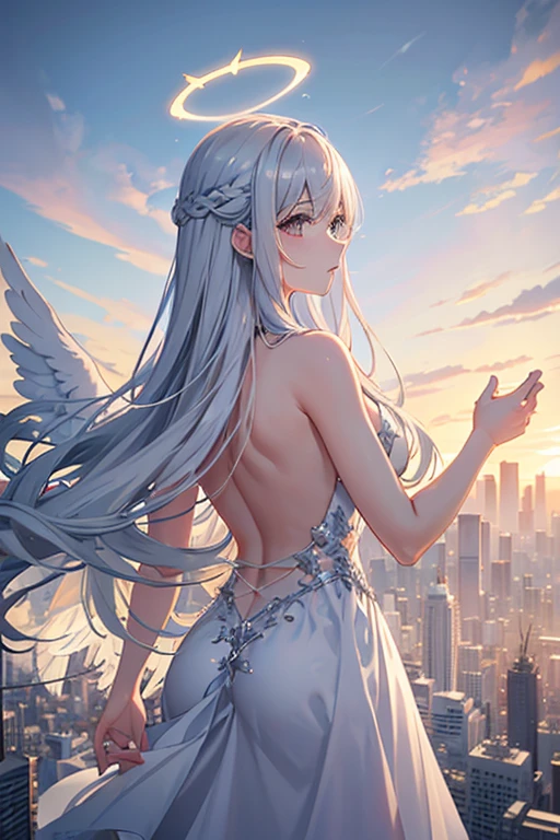 masterpiece, Highest quality, High resolution,Anime Style、Follow the prompts、Silver Hair、Long Hair、Angel、Halo、Three pairs of pure white wings growing from its back、Hold your hand、Hovering above the city、Overlooking the city、Almost Naked、I can see your back、The angle is from behind