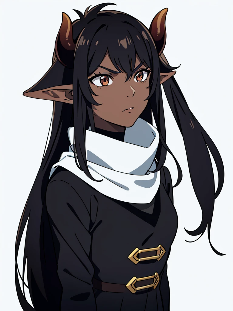 (1girl ,25s,adult,mature female),long hair, black hair,horns,elf ears,(black scarf),(((dark skin))),(white background, line drawing),serious,portrait