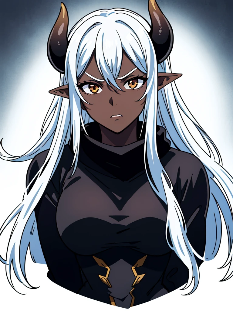 (1girl ,25s,adult,mature female),long hair, black hair,horns,elf ears,(black scarf),(((dark skin))),(white background, line drawing),serious,portrait