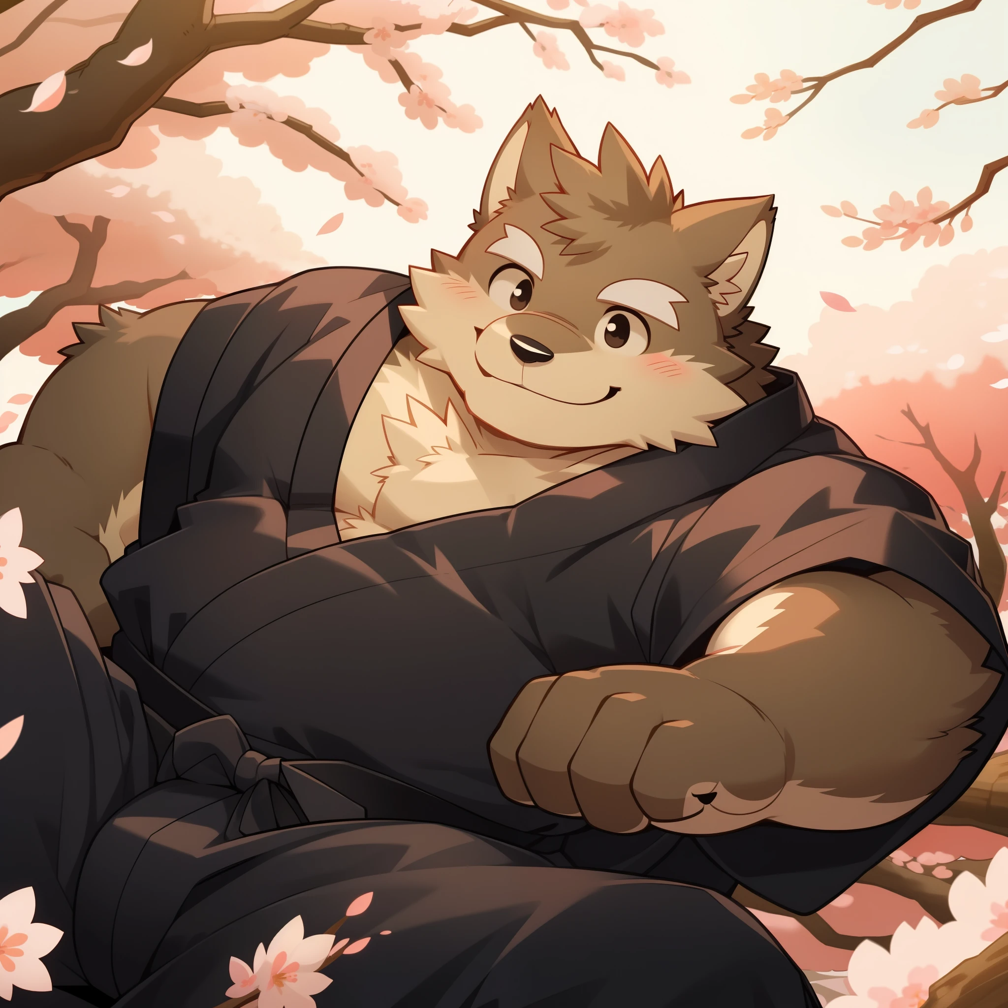 Scribble 黑色柴dog face,Cute face,Humanity(dog),(Black Kimono:1.3),Chubby,(White eyebrows:1.1),(Perfect black eyes),(artist:Takemoto Arashi),(Bulging buttocks),Cherry blossoms,Lying position,Smile,Wolf Tail。
