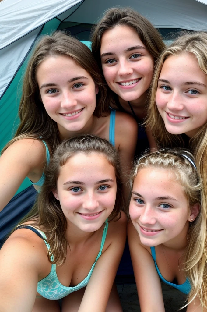 Two 18 year old women in front of a tent. Picture taken with an iPhone. Camping area. Wearing tiny underwear. One woman is blonde and the other woman is brunette. Only two women. Close shot. Selfie 
