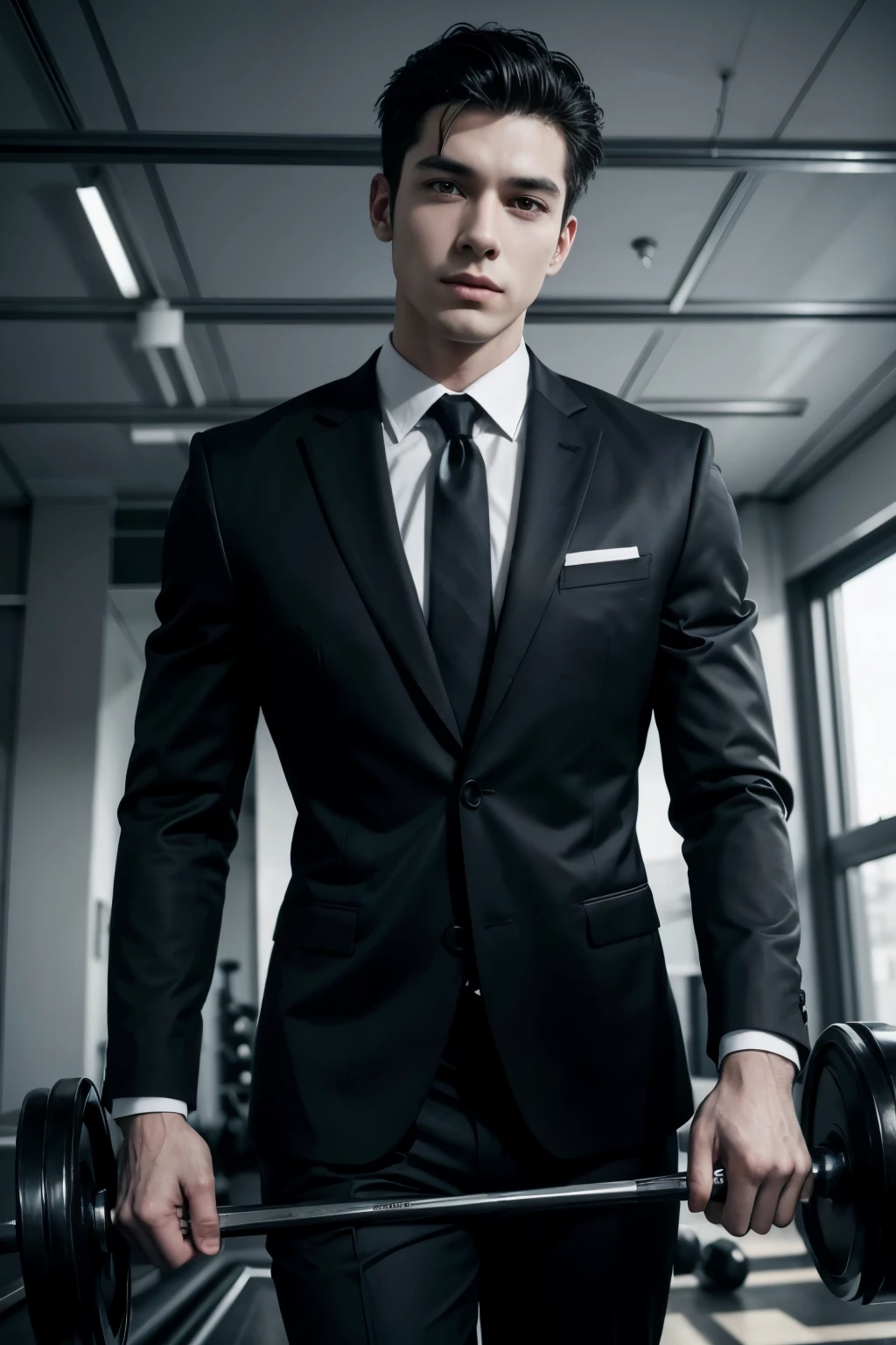 Black and white drawing of man in suit working out in gym 